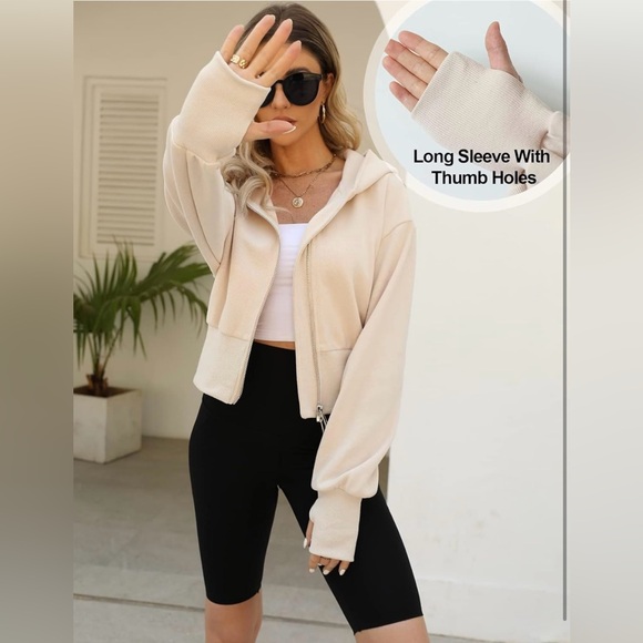Arssm Cropped Hoodie Women Jacket Crop Top, Zip Up Long Sleeve, Beige - NWT - Picture 3 of 7